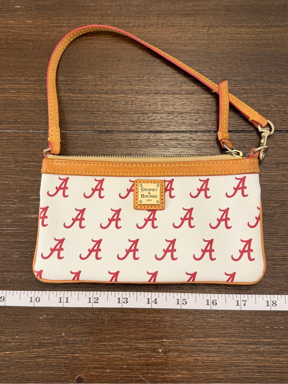 Dooney & Bourke Alabama Crimson Tide White Wristlet w/ Red A Print and Tan Trim